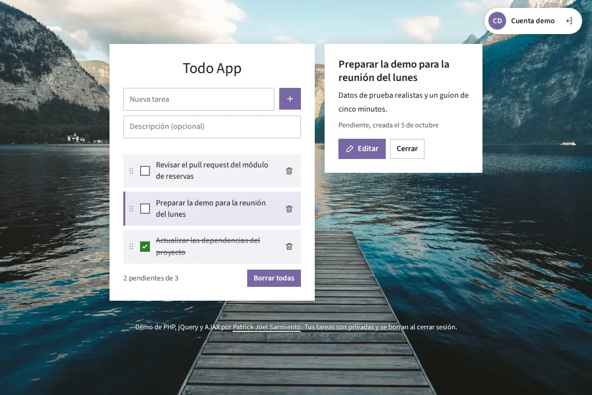 Captura de Todo App · PHP, jQuery y AJAX